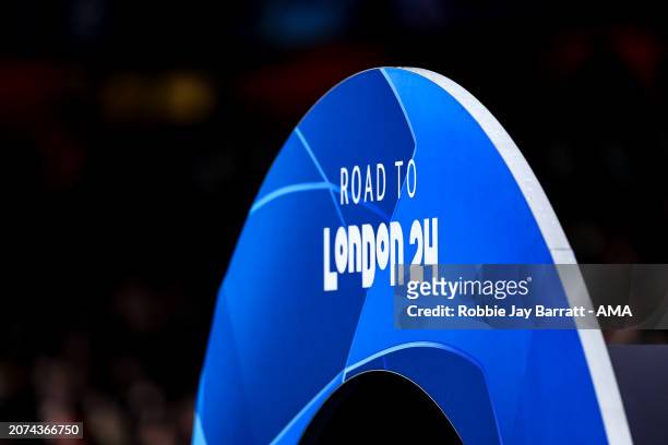 Champions League 'Road to London 24; signage on the walk way arch during the UEFA Champions League 2023/24 round of 16 second leg match between...
