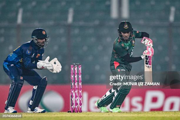 Bangladesh's Mushfiqur Rahim plays a shot during the first one-day international cricket match between Bangladesh and Sri Lanka at the Zahur Ahmed...