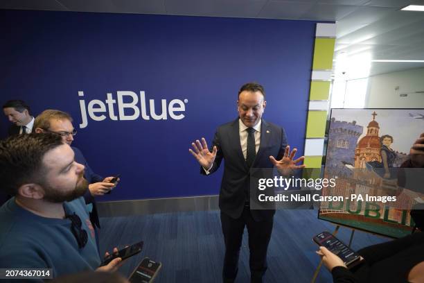 Taoiseach Leo Varadkar speaks to the media during a visit to Boston's Logan airport to mark Jet Blue's recent announcement of its new seasonal daily...