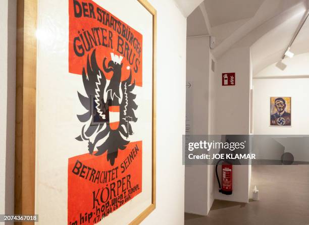 Guenter Brus' silkscreen prints are displayed during a press event on March 13, 2024 at the new Museum of Vienna Actionism two days before opening...