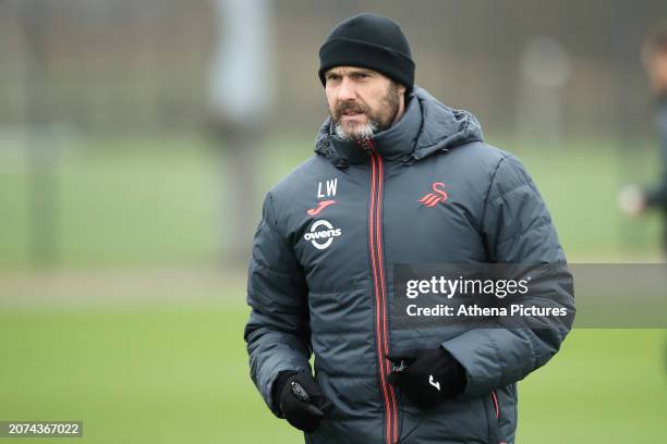 Swansea City manager Luke Williams in action during the Swansea City Training Session at The Fairwood Training Ground on March 13, 2024 in Swansea,...