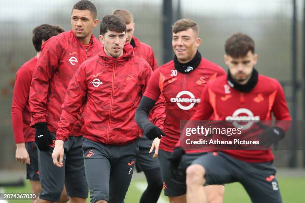 Nathan Wood, Josh Key, Harrison Ashby and Jamie Paterson in action during the Swansea City Training Session at The Fairwood Training Ground on March...