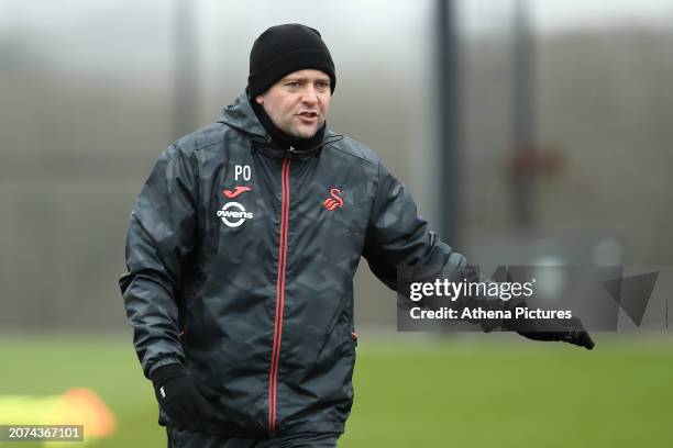 Coach Patrick Ormer in action during the Swansea City Training Session at The Fairwood Training Ground on March 13, 2024 in Swansea, Wales.