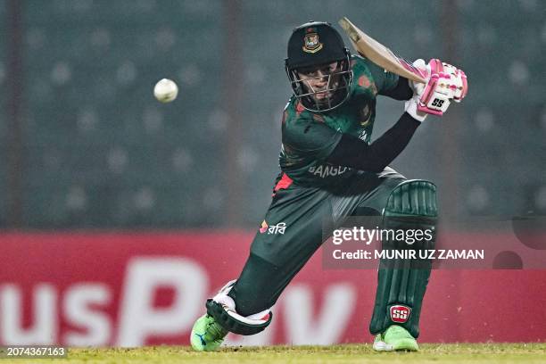 Bangladesh's Mushfiqur Rahim plays a shot during the first one-day international cricket match between Bangladesh and Sri Lanka at the Zahur Ahmed...