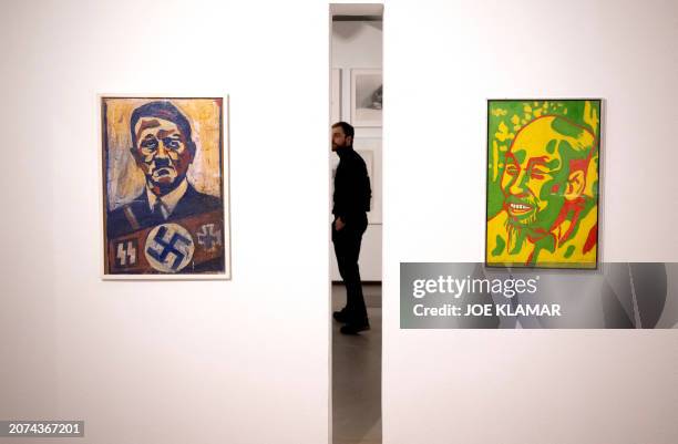 Guenter Brus' silkscreen prints are on display during a press event on March 13, 2024 at the new Museum of Vienna Actionism two days before opening...