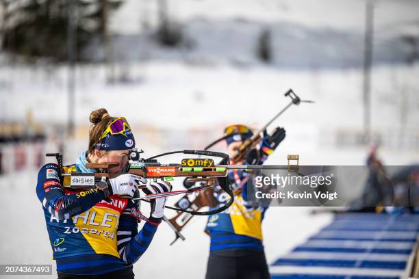 Justine Braisaz-Bouchet of France at the shooting range during training at the BMW IBU World Cup Biathlon on March 12, 2024 in Canmore, Canada.