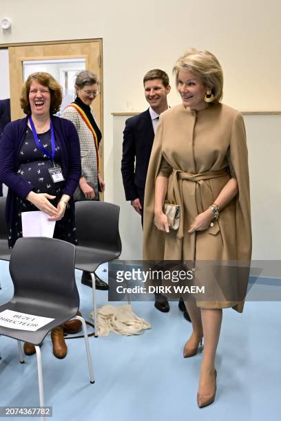 Queen Mathilde of Belgium pictured during a royal visit to a workshop of 'Teach for Belgium' at the GO!4cITy secondary school in Sint-Jans-Molenbeek...