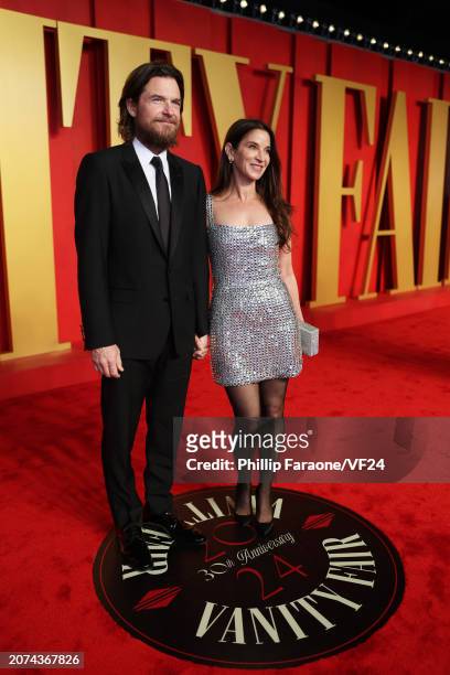 Jason Bateman and Amanda Anka attend the 2024 Vanity Fair Oscar Party Hosted By Radhika Jones at Wallis Annenberg Center for the Performing Arts on...
