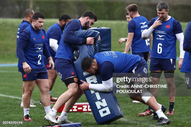 France's hooker Julien Marchand, France's flanker Charles Ollivon, France's Emmanuel Meafou, and France's flanker Francois Cros take part in a...