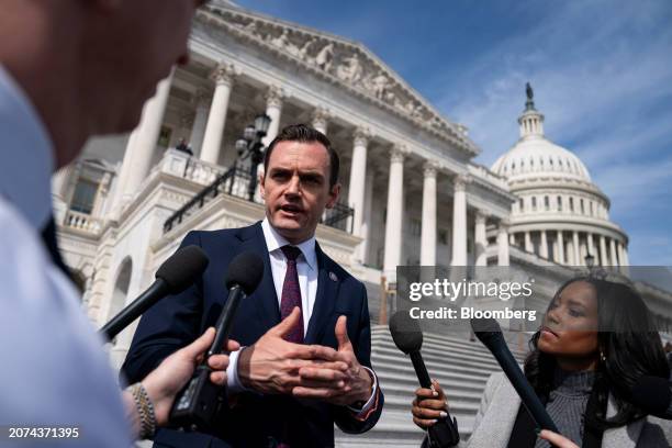 Representative Mike Gallagher, a Republican from Wisconsin, speaks with members of the media following a vote at the US Capitol in Washington, DC,...