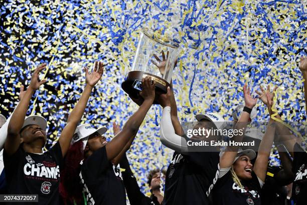 The South Carolina Gamecocks celebrate their win over the LSU Lady Tigers following the championship game of the SEC Women's Basketball Tournament at...