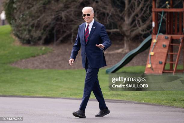 President Joe Biden walks to Marine One as he departs from the South Lawn of the White House in Washington, DC, March 13, 2024. Biden is traveling to...