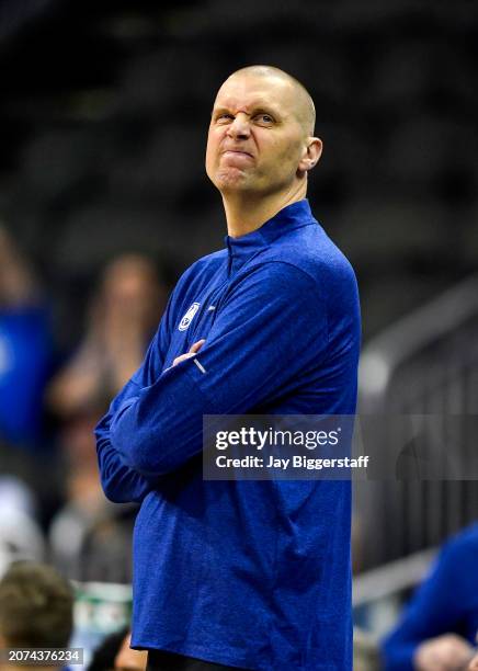 Head coach Mark Pope of the Brigham Young Cougars reacts during the first half against the UCF Knights of the Big 12 Men's Basketball Tournament at...