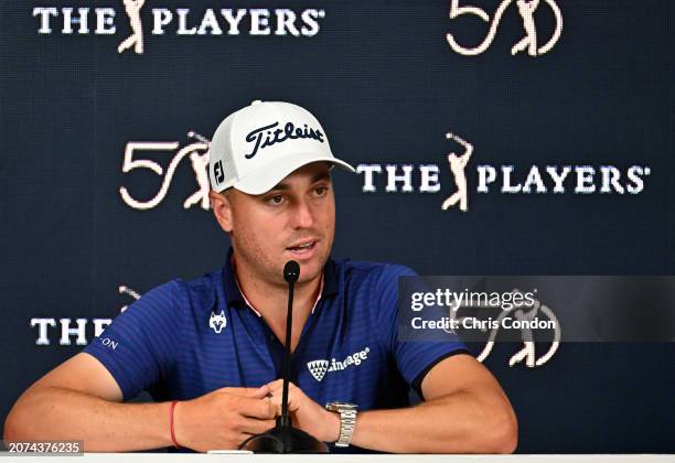 Justin Thomas of the United States speaks to the media during a press conference prior to THE PLAYERS Championship at Stadium Course at TPC Sawgrass...