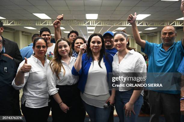 Ana Garcia , wife of Honduran former President Juan Orlando Hernandez, who was found guilty of drug trafficking by a New York jury, accompanied by...