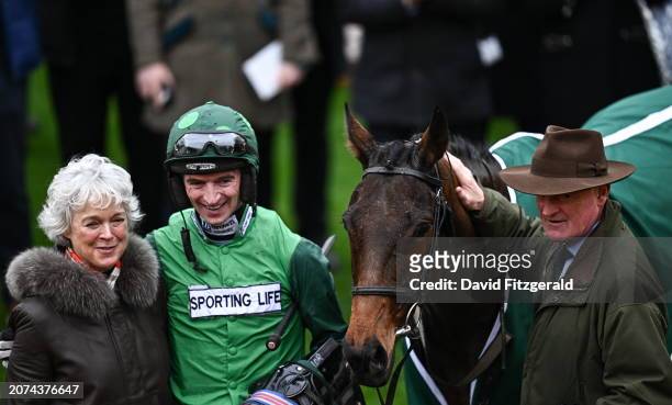 Gloucestershire , United Kingdom - 13 March 2024; The Mullins family, jockey Patrick, Jackie and trainer Willie Mullins celebrate after winning the...