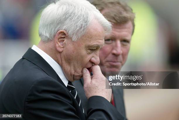 February 21: Sir Bobby Robson Manager of Newcastle United and Steve McClaren Manager of Middlesbrough before the Premier League match between...