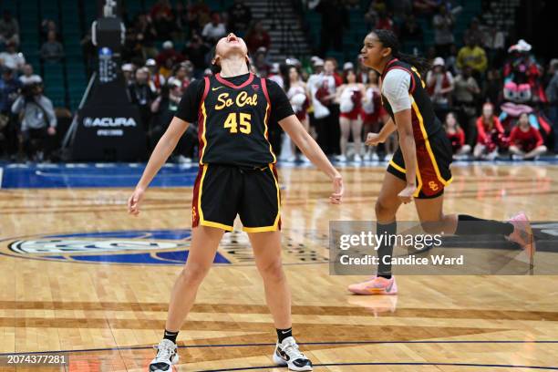 Kayla Padilla of the USC Trojans celebrates defeating the Stanford Cardinal 74-61 in the championship game of the Pac-12 Conference women's...