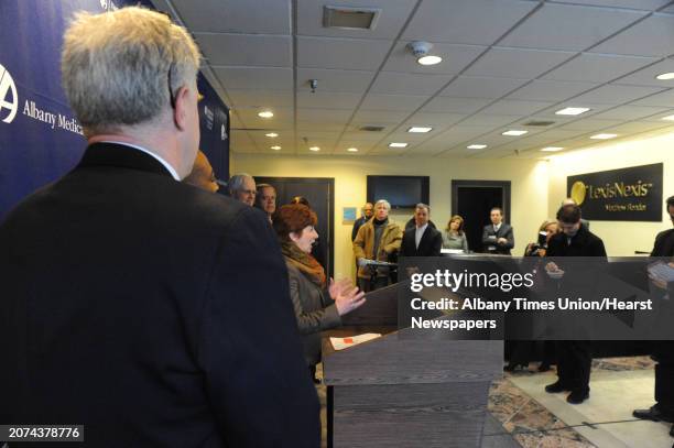 Mayor Kathy Sheehan and Albany Med CEO James Barba announce the medical center's purchase of former LexisNexis building on Friday Jan. 9, 2015 in...