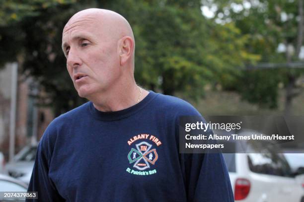 Retired Albany Firefighters Bill Bucci talks about the possible loss of Ladder 1 outside the John J. Howe Library prior to Mayor Kathy SheehanâÄôs...