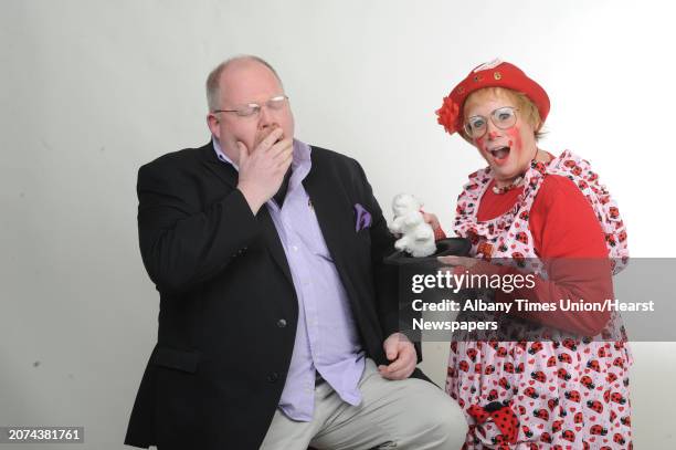 Ladybug the clown and Steve Barnes on Tuesday April 28, 2015 in Colonie, N.Y.