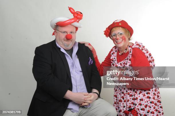 Ladybug the clown and Steve Barnes on Tuesday April 28, 2015 in Colonie, N.Y.