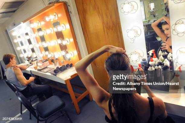Dancers Adrian Danchig-Waring, left, and Mimi Staker do hair and makeup in preperation of the New York City Ballet's Saratoga Premiere of La Sylphide...