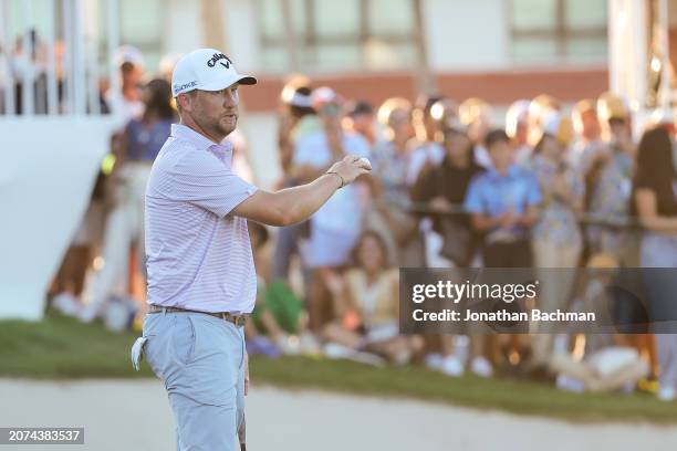 Brice Garnett of the United States reacts after putting for birdie on the second-playoff hole during the final round of the Puerto Rico Open at Grand...