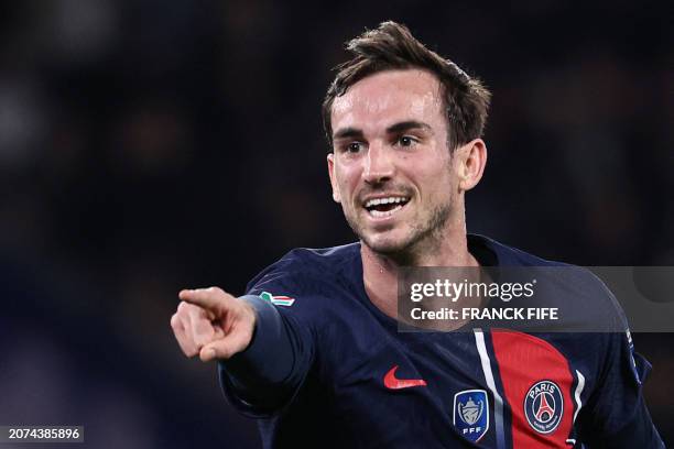 Paris Saint-Germain's Spanish midfielder Fabian Ruiz reacts after scoring his team second goal during the French Cup quarter-final football match...