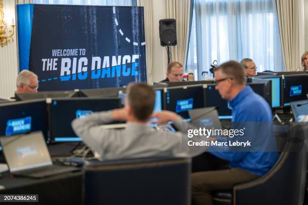 Men's Final Four signage during the Division I Men's Basketball Tournament Selections held at the Hotel Carmichael on March 13, 2024 in Carmel,...