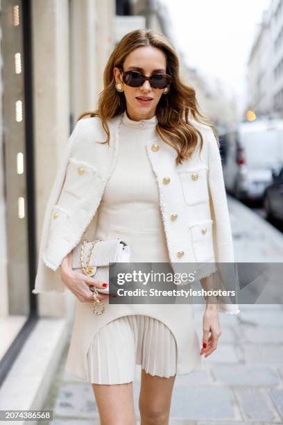 Alexandra Lapp is seen wearing a Mango tweed jacket in creme, a Karen Millen Military Tailored dress in cream, Celine Triomphe sunglasses in black,...