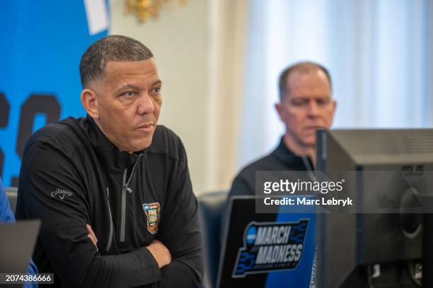 Charles McClelland of the Southwestern Athletic Conference listens during the Division I Men's Basketball Tournament Selections held at the Hotel...