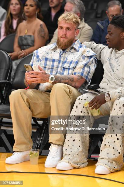 Jake Paul attends the game between the Milwaukee Bucks and the Los Angeles Lakers on March 8, 2024 at Crypto.Com Arena in Los Angeles, California....