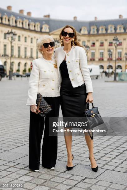 Marie Monique Lapp is seen wearing a Mango tweed jacket in creme, Cambio pants in black, a Chanel Classic Flap Bag in black, For Art's Sake...