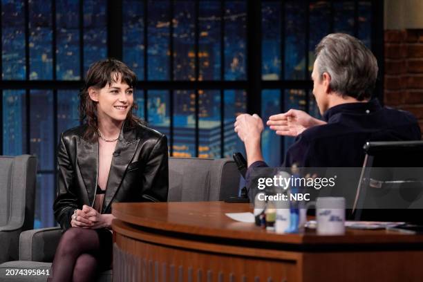 Episode 1498 -- Pictured: Actress Kristen Stewart during an interview with host Seth Meyers on March 13, 2024 --