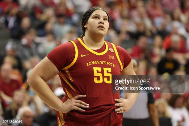 Iowa State Cyclones center Audi Crooks in the first quarter of the women's Big 12 tournament final between the Iowa State Cyclones and Texas...