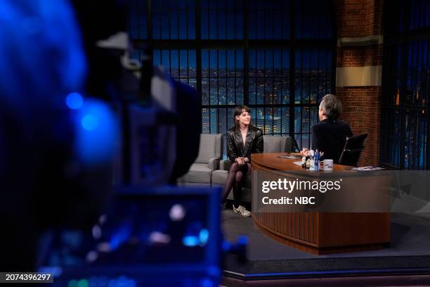 Episode 1498 -- Pictured: Actress Kristen Stewart during an interview with host Seth Meyers on March 13, 2024 --