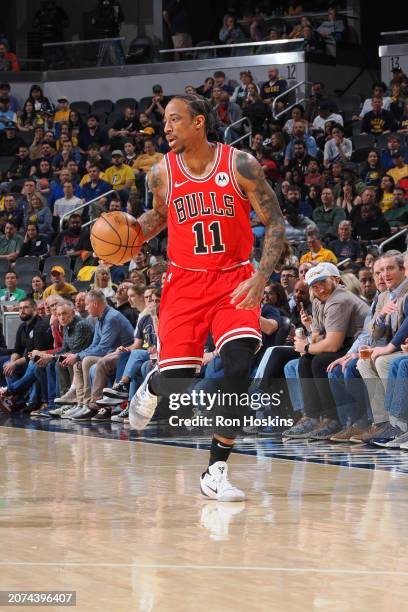 DeMar DeRozan of the Chicago Bulls handles the ball during the game on March 13, 2024 at Gainbridge Fieldhouse in Indianapolis, Indiana. NOTE TO...