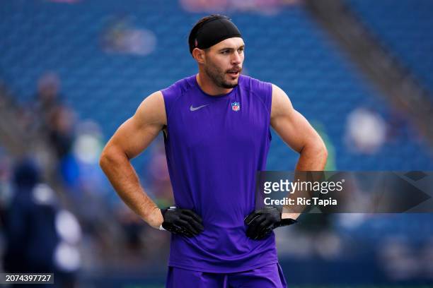 Harrison Smith of the Minnesota Vikings warms up during a game against the Seattle Seahawks at Lumen Field on August 10, 2023 in Seattle, Washington.