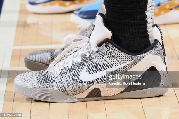 The sneakers worn by DeMar DeRozan of the Chicago Bulls on March 13, 2024 at Gainbridge Fieldhouse in Indianapolis, Indiana. NOTE TO USER: User...