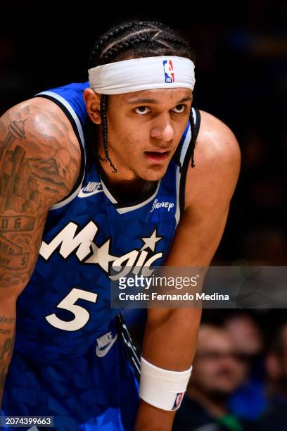 Paolo Banchero of the Orlando Magic looks on during the game against the Brooklyn Nets on March 13, 2024 at the Kia Center in Orlando, Florida. NOTE...