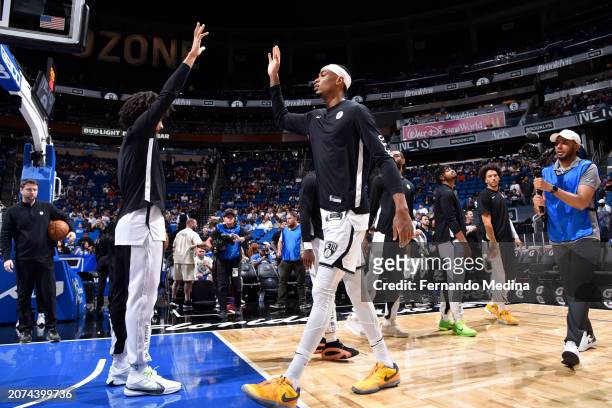 Nicolas Claxton of the Brooklyn Nets is introduced before the game against the Orlando Magic on March 13, 2024 at the Kia Center in Orlando, Florida....