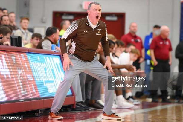 Head coach Brett Reed of the Lehigh Mountain Hawks reacts to a play against the Colgate Raiders during the second half of the Patriot League...