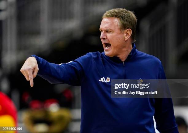Head coach Bill Self of the Kansas Jayhawks reacts during the first half against the Cincinnati Bearcats in the second round of the Big 12 Men's...