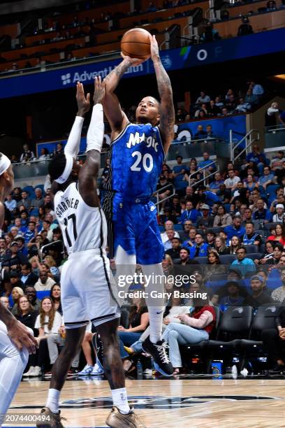 Markelle Fultz of the Orlando Magic shoots the ball during the game against the Brooklyn Nets on March 13, 2024 at the Kia Center in Orlando,...