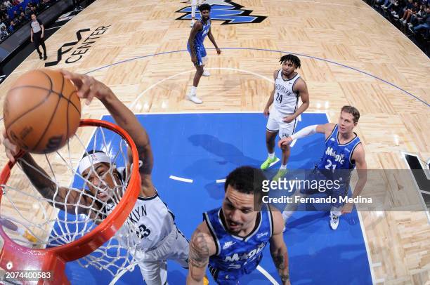 Nicolas Claxton of the Brooklyn Nets dunks the ball during the game against the Orlando Magic on March 13, 2024 at the Kia Center in Orlando,...