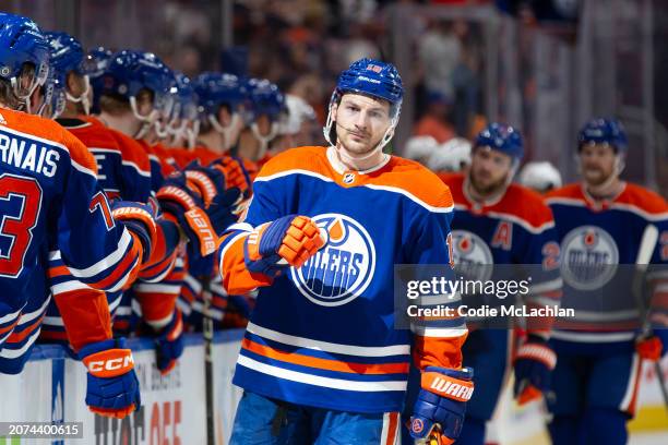 Zach Hyman of the Edmonton Oilers celebrates a goal against the Washington Capitals during the first period at Rogers Place on March 13, 2024 in...