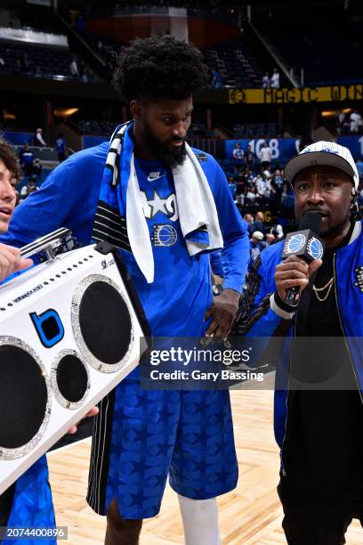 Jonathan Isaac of the Orlando Magic talks to the media after the game against the Brooklyn Nets on March 13, 2024 at the Kia Center in Orlando,...