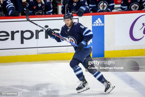 Colin Miller of the Winnipeg Jets follows the play down the ice during third period action against the Nashville Predators at the Canada Life Centre...