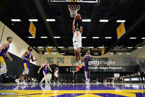 Jacob Toppin of the Westchester Knicks goes to the basket during the game against the South Bay Lakers on March 13, 2024 at UCLA Health Training...